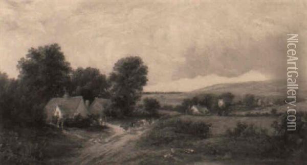A Rural Landscape With A Drover On A Track Before Cottages Oil Painting - James E. Meadows