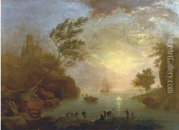 A Mediterranean Inlet At Sunset With Fisherfolk In The Foreground,a Hilltop Town Beyond Oil Painting - Claude-joseph Vernet
