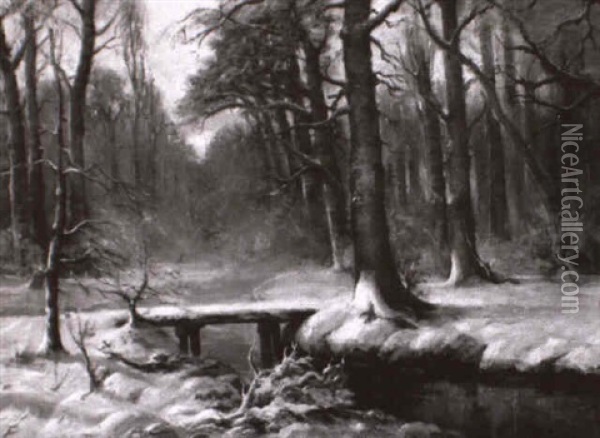 Winter Landscape With A Footbridge In A Forest Oil Painting - Carl Cowen Schirm