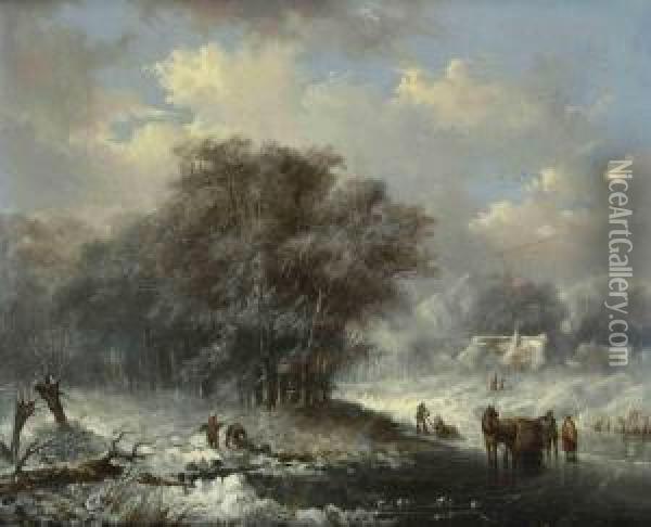 A Winterlandscape With Peasants Gathering Wood And A Horse Carriage On The Ice, A Farm Beyond Oil Painting - Jan Evert Morel
