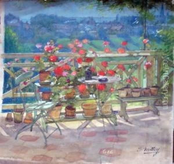La Terrasse Fleurie De Geraniums Oil Painting - Joseph Mittey