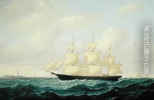 'Dashing Wave' clipper ship off Boston Light, 1855 Oil Painting - William Bradford