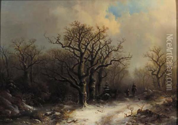 Travellers In A Winter Forest Oil Painting - Pieter Lodewijk Francisco Kluyver