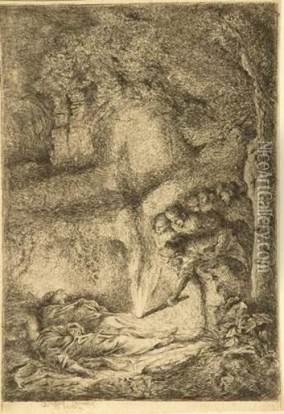Die Auffindung Der Leichname Der Apostel Petrus Und Paulus. Oil Painting - Giovanni Benedetto Castiglione