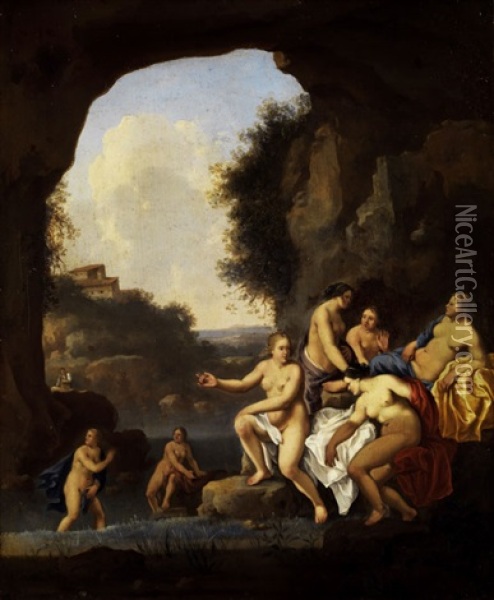 Badende Madchen In Sudlicher Ideallandschaft Oil Painting - Cornelis Van Poelenburgh