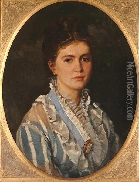 Portrait Of A Lady, Bust-length, Wearing A Cameo Brooch. Oil Painting - Fedor Encke