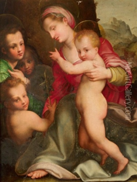 Madonna Mit Jesuskind, Dem Johannesknaben Und Zwei Weiteren Knaben Im Hintergrund, Madonna Con Bambino E San Giovannino Oil Painting - Domenico Puligo