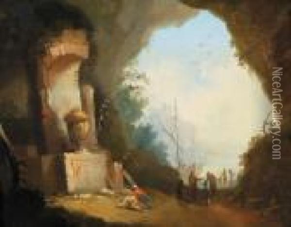 Una Caverna Con Personaggi Davanti Ad Un Monumento Classico Epanorama Del Mare Aperto Oil Painting - Hubert Robert