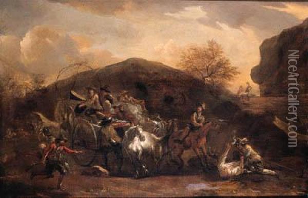 Travellers On A Wagon Ambushed On A Mountain Pass Oil Painting - Nicolaes Berchem