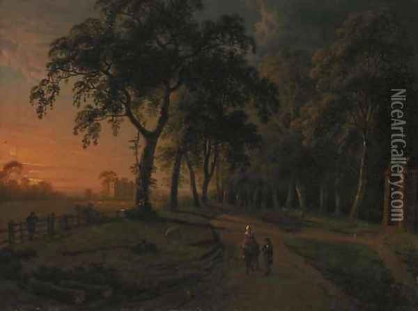 Figures on a parkland track with a country house beyond Oil Painting - Abraham Pether