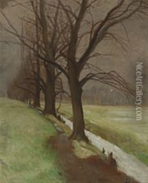 Trees By The Ditch, Overcast Oil Painting - Claus Johansen