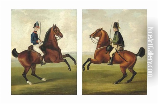 A Yeomanry Officer On Horseback; A German Hussar On Horseback (pair) Oil Painting - John Nost Sartorius
