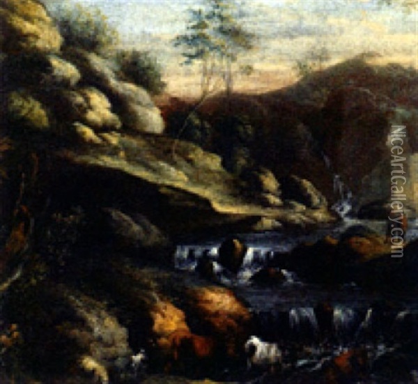 Pastorale Flusslandschaft Mit Tieren An Der Tranke Oil Painting - Joachim Franz Beich