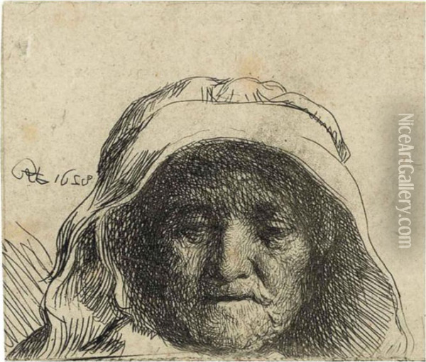 The Artist's Mother: Head Only, Full Face Oil Painting - Rembrandt Van Rijn