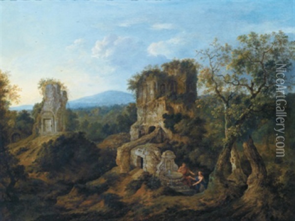 Rastende In Einer Ruinenlandschaft Oil Painting - Jan Griffier the Elder