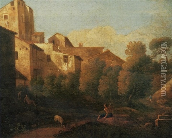 An Italianate Village Landscape With A Shepherd Resting In The Foreground Oil Painting - Gaspard Dughet