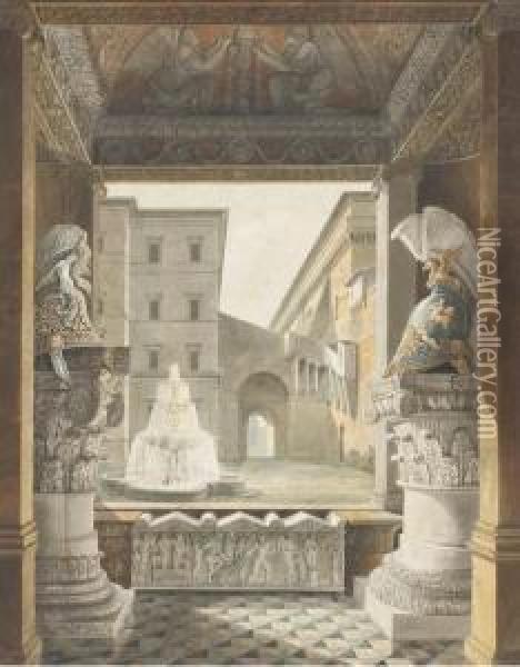 A Roman Courtyard Seen From A 
Loggia Decorated With Antique Helmetson Composite Columns And A 
Sarcophagus Oil Painting - Charles Percier
