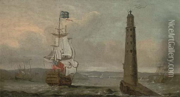A British Man-o'war Running Past The Eddystone Lighthouse Oil Painting - Peter Monamy