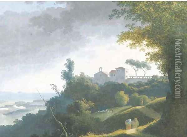 An extensive landscape with a monastery on a hilltop, peasants on a path on the foreground, the sea beyond 2 Oil Painting - Joseph Augustus Knip