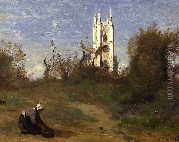 Landscape with a White Tower, Souvenir of Crecy Oil Painting - Jean-Baptiste-Camille Corot