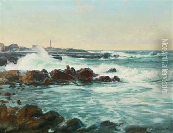 Landscape With A Lighthouse, Presumably From Bornholm Oil Painting - Peder Jacob Marius Knudsen