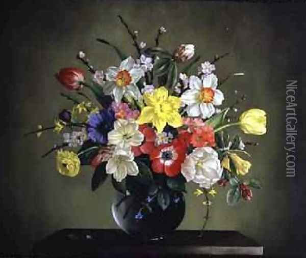 Narcissi Anemones Tulips Forsythia Rhododendron and Apple Blossom in a Glass Vase Oil Painting - John Sargeant Noble, R.B.A.