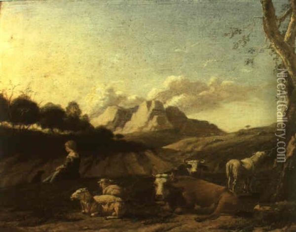 Shepheress Seated With Cows And Sheep In A Landscape Oil Painting - Karel Dujardin