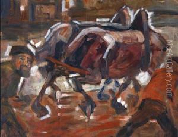 Treidelpferde Und Deren Fuhrer Oil Painting - Richard Wenzel
