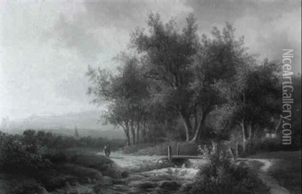 Wooded Hilly River Landscape With Travellers On A Path Oil Painting - Willem De Klerk