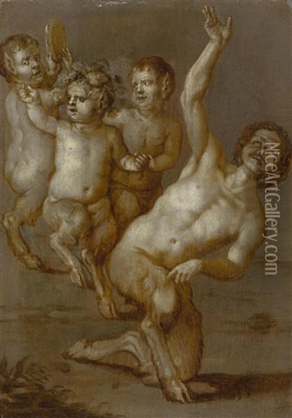 Pan With Two Satyrs Oil Painting - Coenrad Waumans