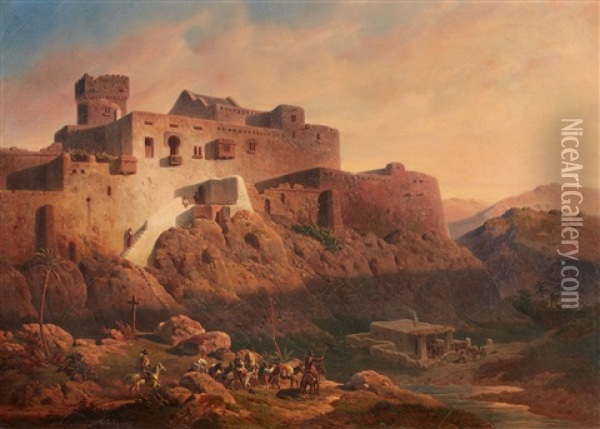 Spanish Landscape With A Castle Oil Painting - Mathias Artaria