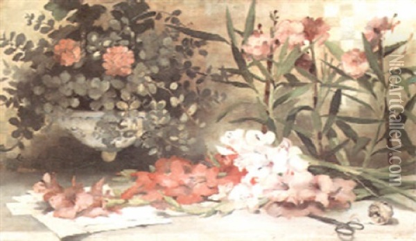 A Still Life With Geraniums In A Porcelain Planter And Gladiolas With Scissors And A String On A Ledge Oil Painting - Louise Abbema