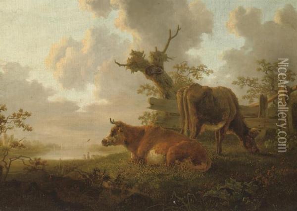 A River Landscape With Two Cows Oil Painting - Jacob Van Stry