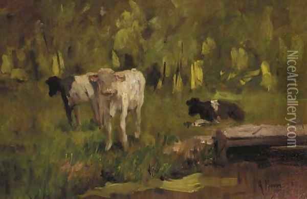 Calves in a meadow - a study Oil Painting - Anton Mauve
