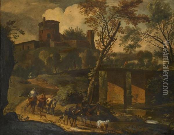 Landskap Med Vandrande Sallskap Oil Painting - Nicolaes Berchem