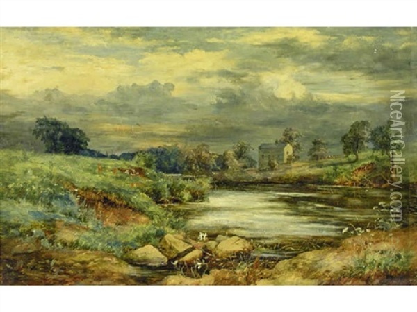 Untitled - Stone Cottage By A Pond Oil Painting - James Faed the Younger