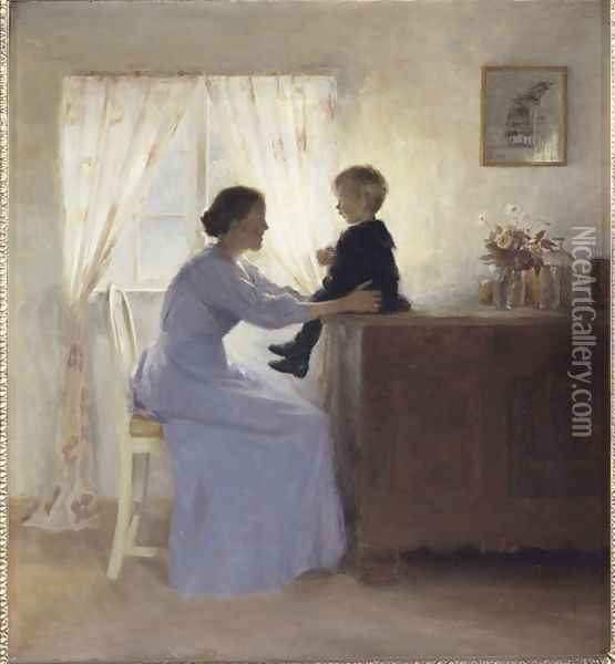 A Mother and Child in an Interior Oil Painting - Peder Vilhelm Ilsted