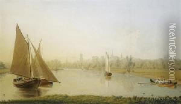 On The River, By Christchurch Meadow, Oxford Oil Painting - William Turner