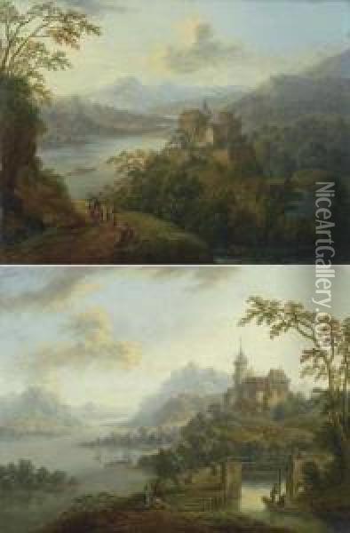 Pair Of Works: Two Rhine Landscapes With Castles And Walkers. Oil Painting - Christian Georg Schuttz II
