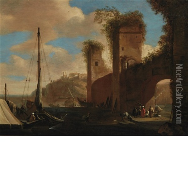 Harbor Scene With Ships, Ruins And Figures By An Archway Oil Painting - Filippo Napoletano