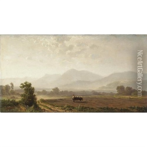 A Farmer And Cattle In A Field With Hills In The Distance Oil Painting - William Lewis Marple