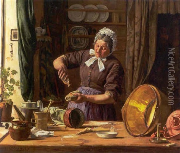 Interior Med Kvinde, Der Pudser Messingtoj Oil Painting - Carl Carlsen
