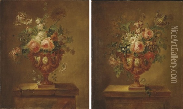 Deux Bouquets De Fleurs Dans Des Vases En Bronze Sur Des Entablements De Pierre Oil Painting - Joseph-Laurent Malaine