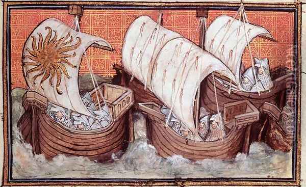 Harl 1319 f.18 The Fleet of Richard II departs from Ireland, Histoire du Roy dAngleterre, Richard II Oil Painting - Master The Virgil