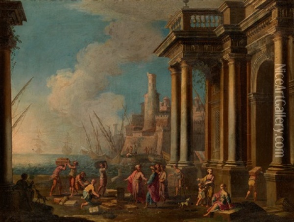 A Capriccio Of A Mediterranean Port With Classical Ruins Oil Painting - Giovanni Ghisolfi