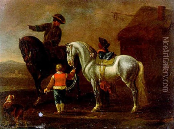 Zwei Reiter Mit Hund Und Einem Knaben Oil Painting - August Querfurt