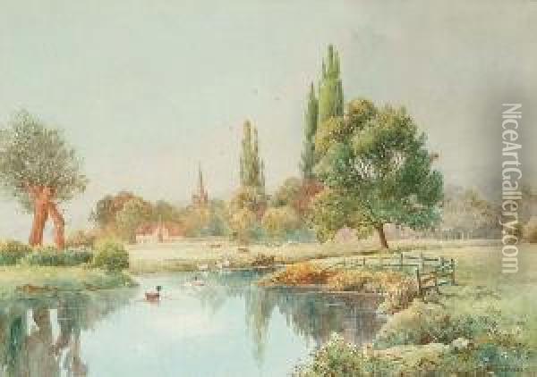 River Landscape Oil Painting - Thomas Nicholson Tyndale
