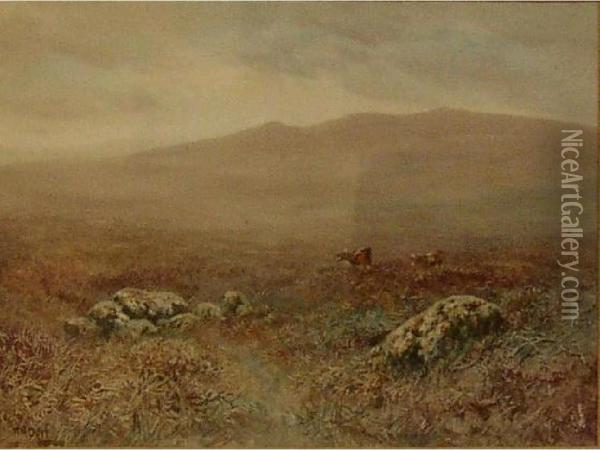 On The Upper East Dart, Dartmoor And Another Dartmoor Scene With Cattle. Oil Painting - William Henry Dyer