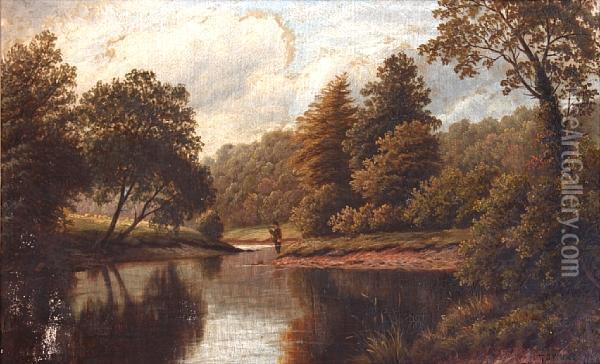 Wooded River Landscape With Fisherman Oil Painting - Thomas Spinks