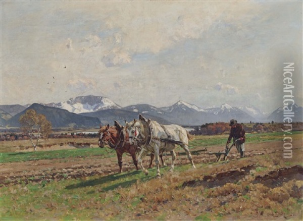 Ploughing Farmer Oil Painting - Otto Struetzel